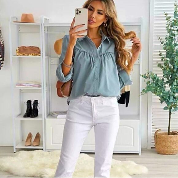 🔴2 for 60🔴 blouse button up long-sleeve blue gray pleated lace trim size M. - Picture 2 of 16